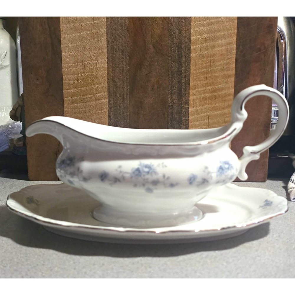 Johann Haviland Porcelain Gravy Boat & Underplate Set Blue Floral Bavaria